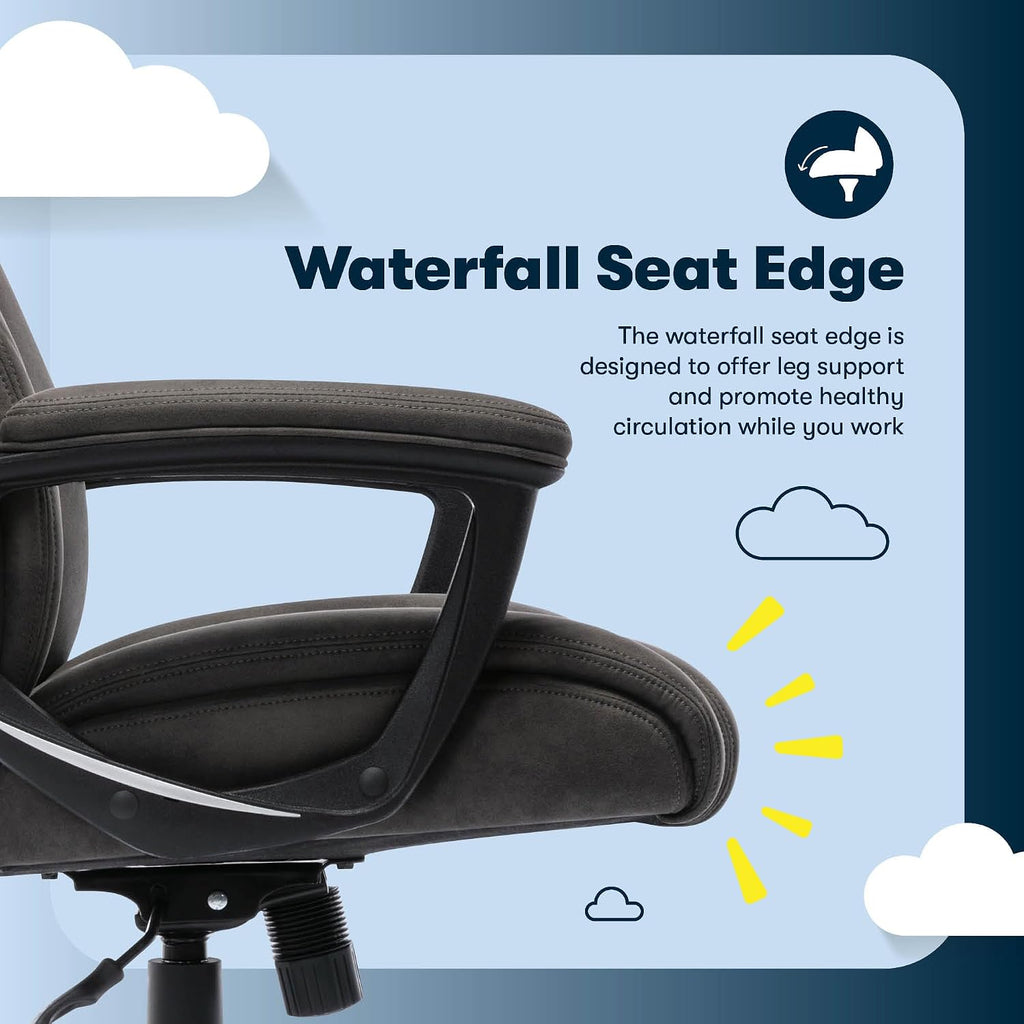 Serta Comfort Eco Office Chair, Ergonomic Mid-Back with Lumbar Support, Semi-Plush Seat Cushion and Layered Body Pillows, Padded Armrests, Metal Swivel Base, Soft Velvet Fabric, Brown