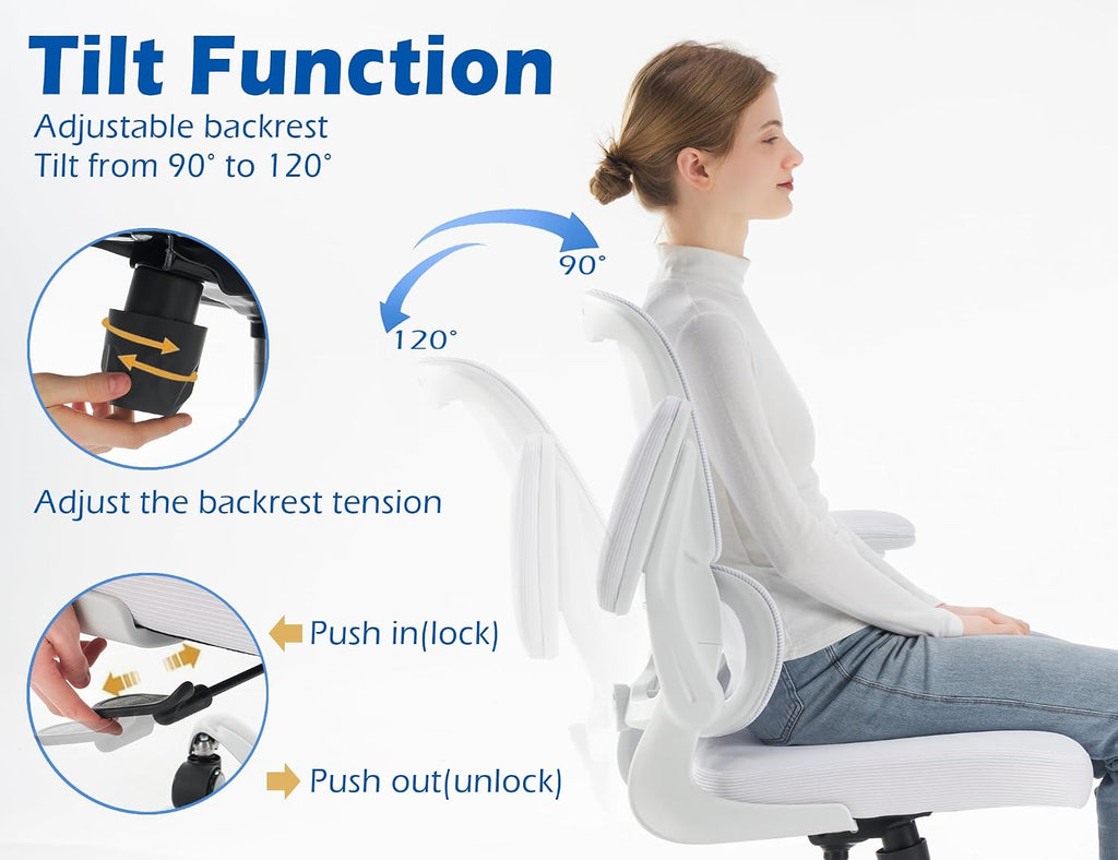TRALT Ergonomic Office Chair - Desk Chair with Adjustable Lumbar Support Computer Chair - Mesh Comfy Chair with Flip-up Armrests - Gaming Chairs for Adults Home Office (Leather, White)