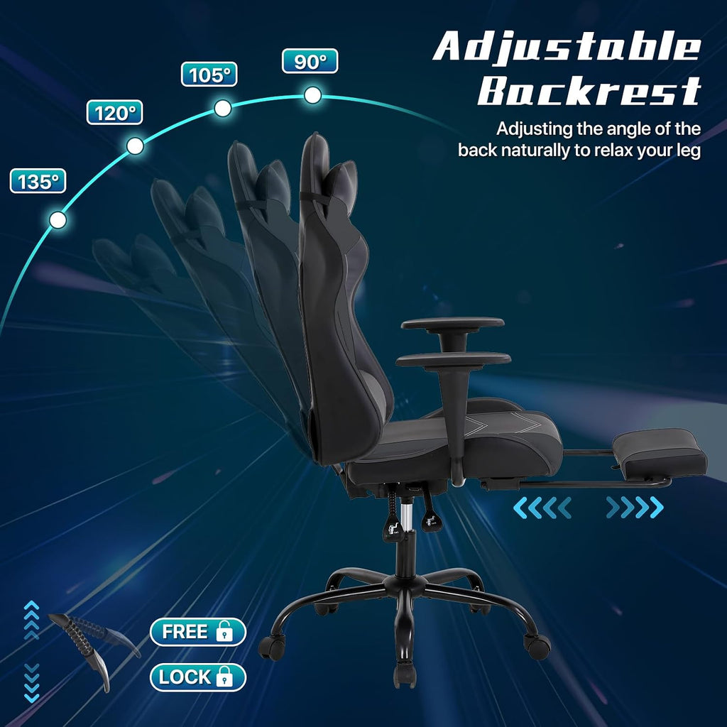 Ergonomic Gaming Chair with Footrest, High Back PU Leather Office Desk Chair for Adults Teens, Rolling Swivel Computer Chair (Grey)