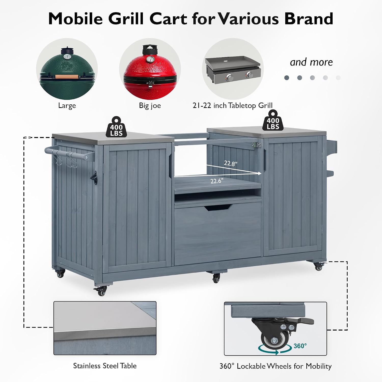 Merax 66.5' Outdoor Grill Table for Big Green Egg, Farmhouse Kitchen Island on Wheels with Stainless Steel Tabletop, Drawer and Spice Rack, Solid Wood Outdoor Storage Cabinet for Backyard, Grey Blue