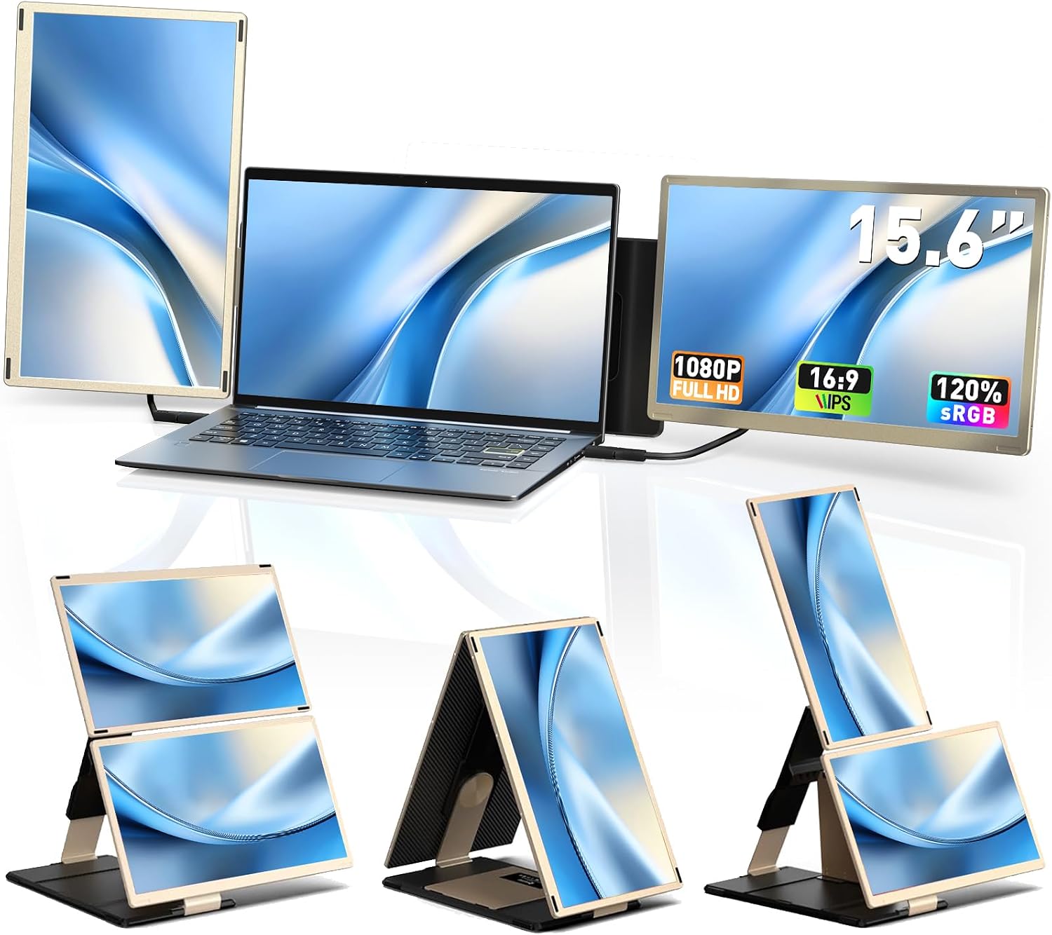 Triple Laptop Screen Extender - 15.6' Monitor IPS FHD 1080P Detachable Portable Display for 13'-17.4' Laptops Compatible with Compatible with Windows Mac Chrome Surface Travel Work Setup