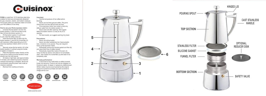 Cuisinox Roma Stovetop Espresso Maker COF-4R, Stainless Steel Coffee Percolator Stovetop, Heat-Resistant & Non-Reactive, 4-Cup Italian Espresso Maker Easy to Clean, Durable Stove Top Percolator