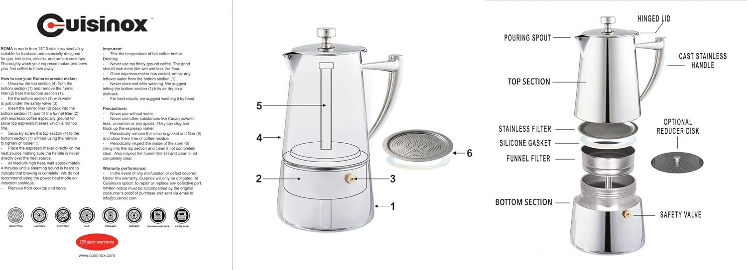 Cuisinox Roma Stovetop Espresso Maker COF-4R, Stainless Steel Coffee Percolator Stovetop, Heat-Resistant & Non-Reactive, 4-Cup Italian Espresso Maker Easy to Clean, Durable Stove Top Percolator