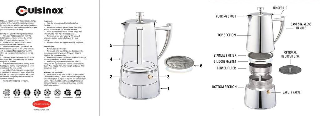 Cuisinox Roma Stovetop Espresso Maker COF-10R, Stainless Steel Coffee Percolator Stovetop, Heat-Resistant & Non-Reactive, 10-Cup Italian Espresso Maker Easy to Clean, Durable Stove Top Percolator