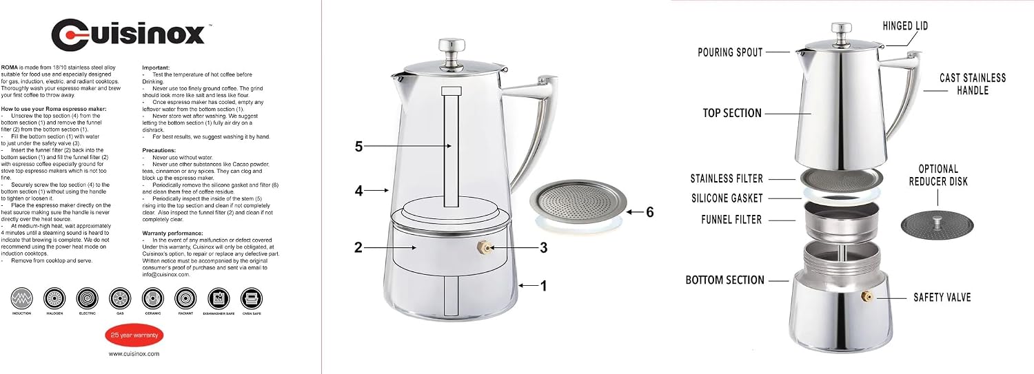 Cuisinox Roma Stovetop Espresso Maker COF-10R, Stainless Steel Coffee Percolator Stovetop, Heat-Resistant & Non-Reactive, 10-Cup Italian Espresso Maker Easy to Clean, Durable Stove Top Percolator