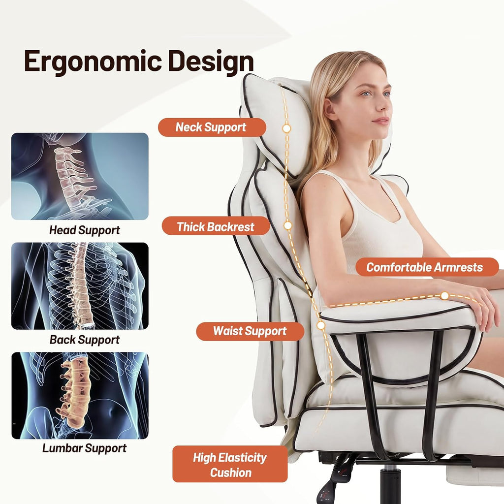 Furniliving Big and Tall Executive Office Chair- Ergonomic, Reclining Desk Chair with Footrest Lumbar Pillow, Height Adjustable Back Leather Chair for Home Office, Pure White