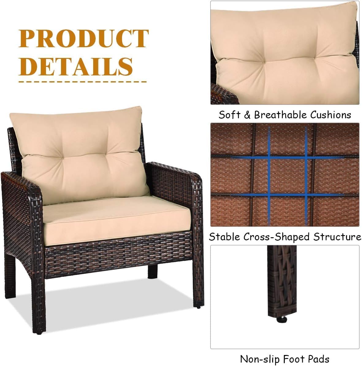 COSTWAY 3 Pieces Patio Furniture Set, Outdoor Wicker Cushioned Sofa Set with Coffee Table, All Weather Rattan Conversation Set for Garden Balcony Backyard Poolside Lawn, Beige
