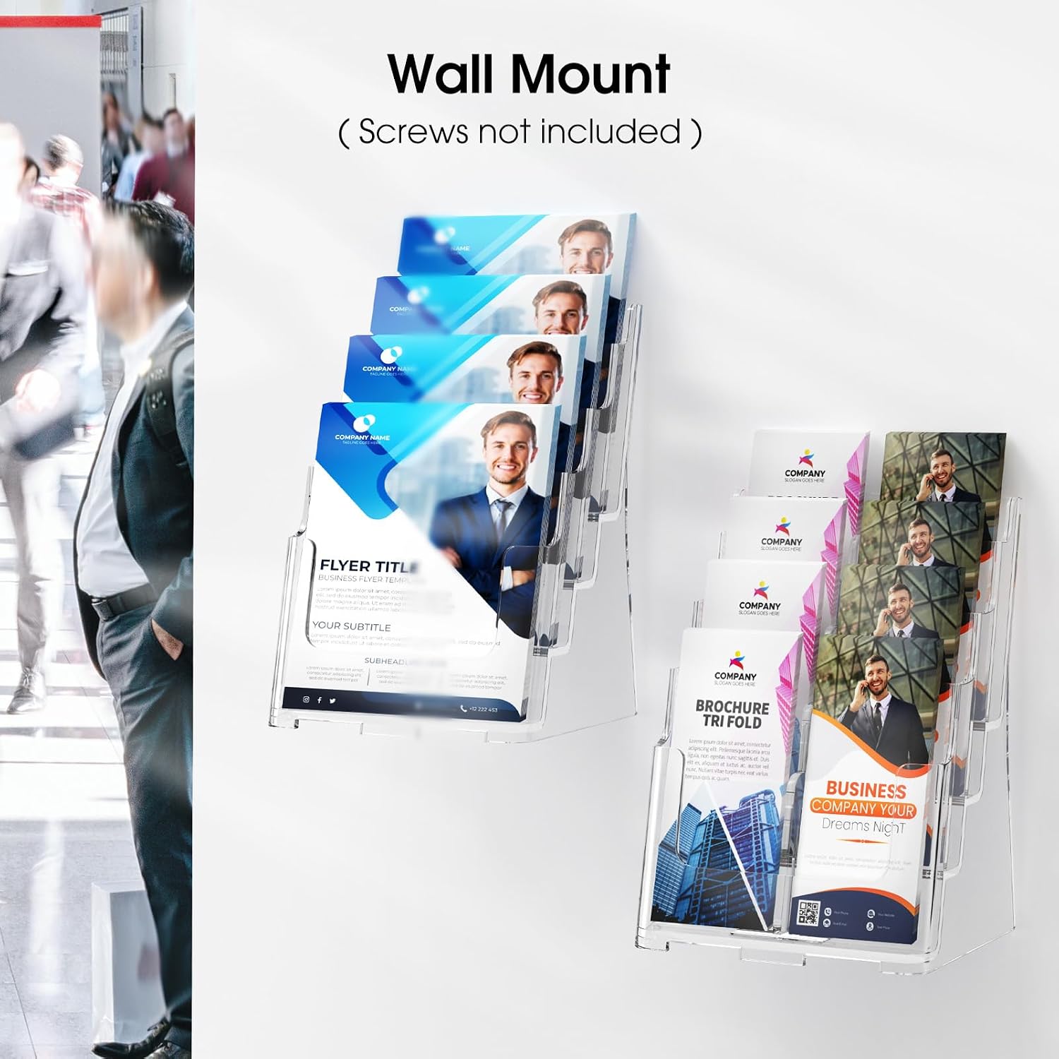 MaxGear Acrylic Brochure Holder 8.5 x 11 inch, 4 Tier Clear Literature Organizer Magazine Stand Display with Removable Divider for 4 x 9 inch Brochures, Pamphlet, Wall Mount or Countertop, 4 Pack