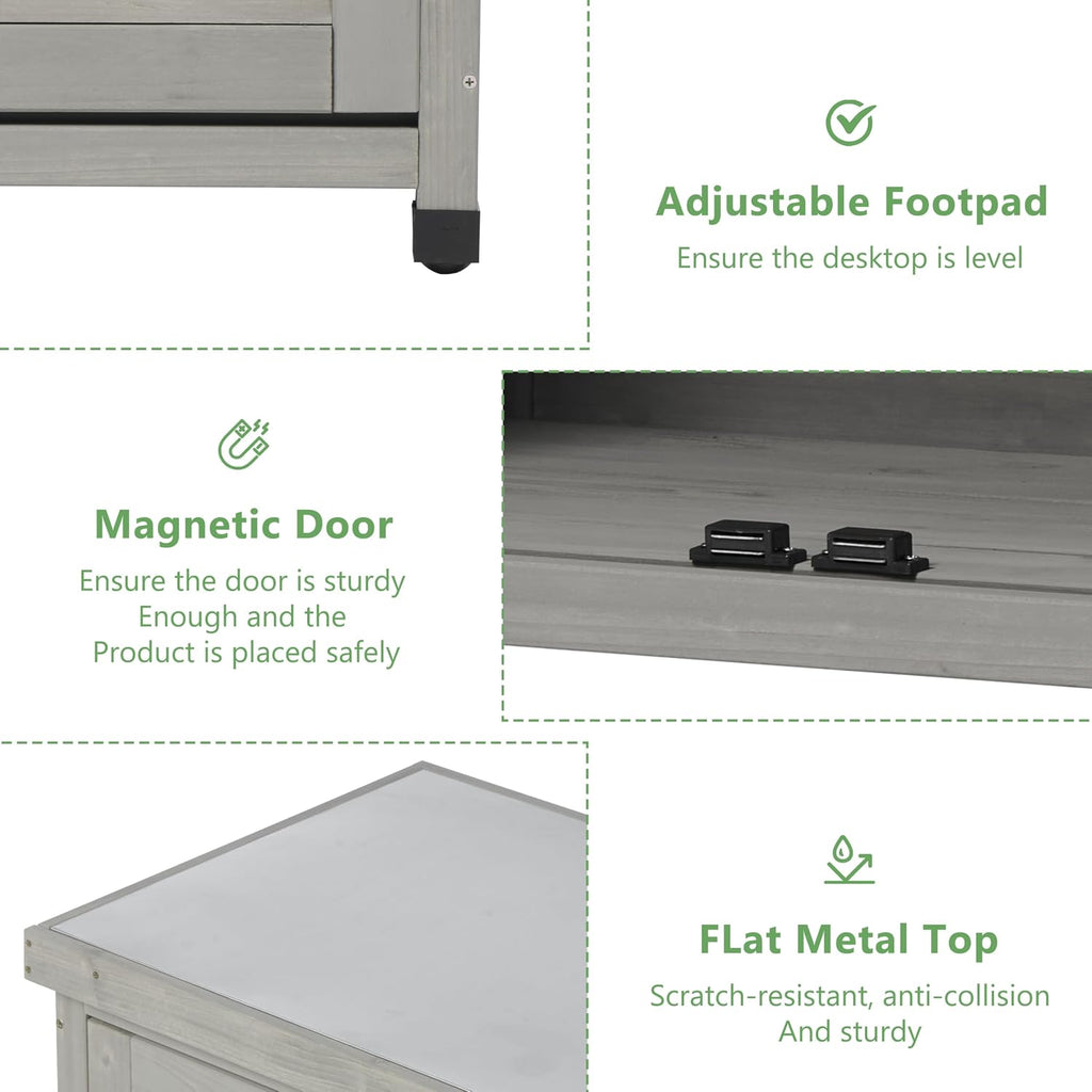 Potting Bench with Storage Cabinet and Metal Table Top for Outdoor Patio, Garden Furniture Wood Workstation