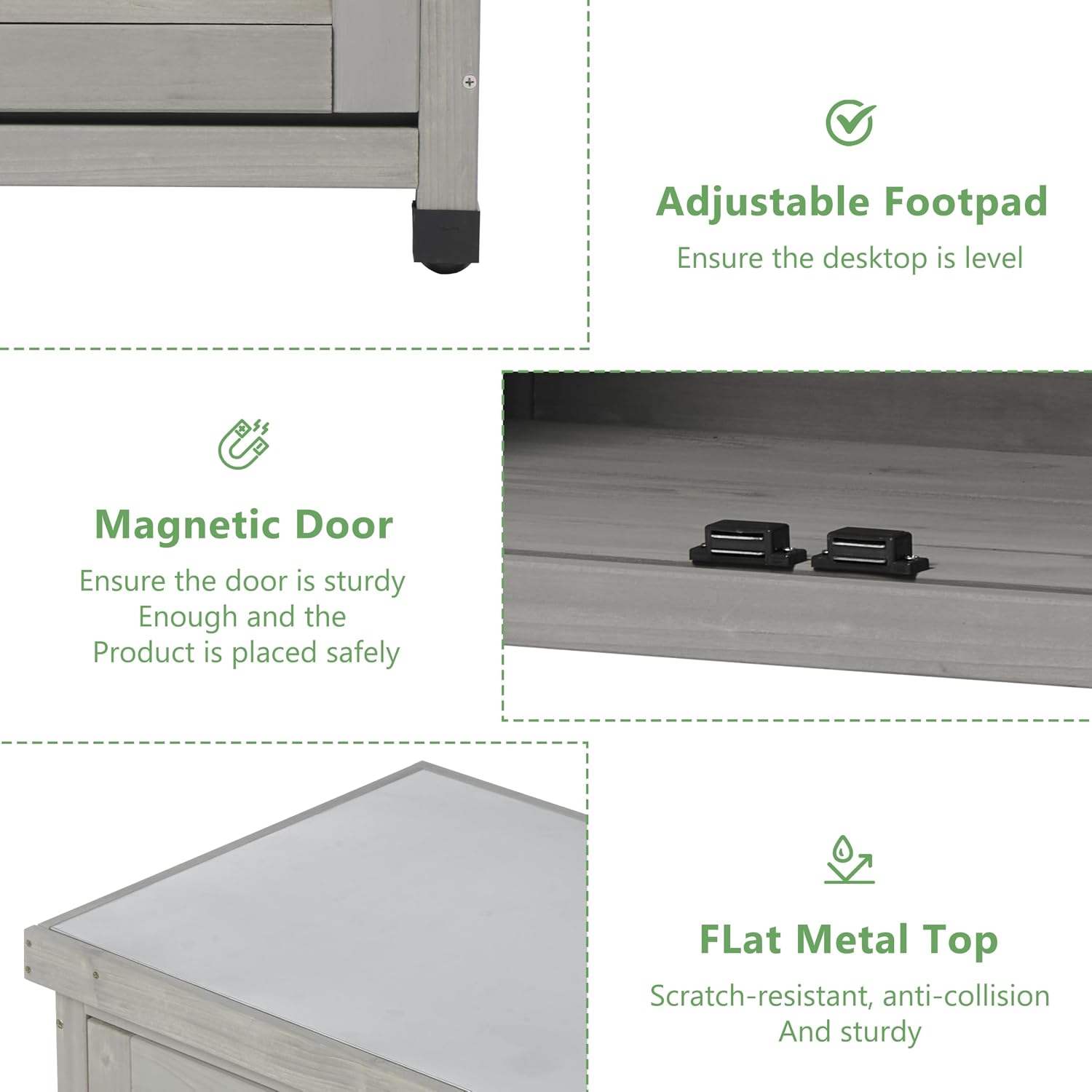 Potting Bench with Storage Cabinet and Metal Table Top for Outdoor Patio, Garden Furniture Wood Workstation