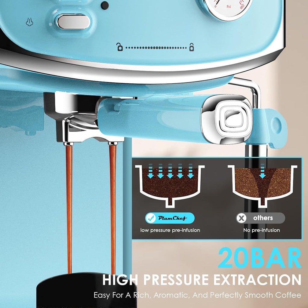 Plum chef 20 Bar Espresso Machine for home- Professional Compact Espresso Maker with Milk Frother Steam Wand, Pressure Gauge & 54oz Large Water Tank, Low Noise Fast Brewing for Cappuccino, Latte