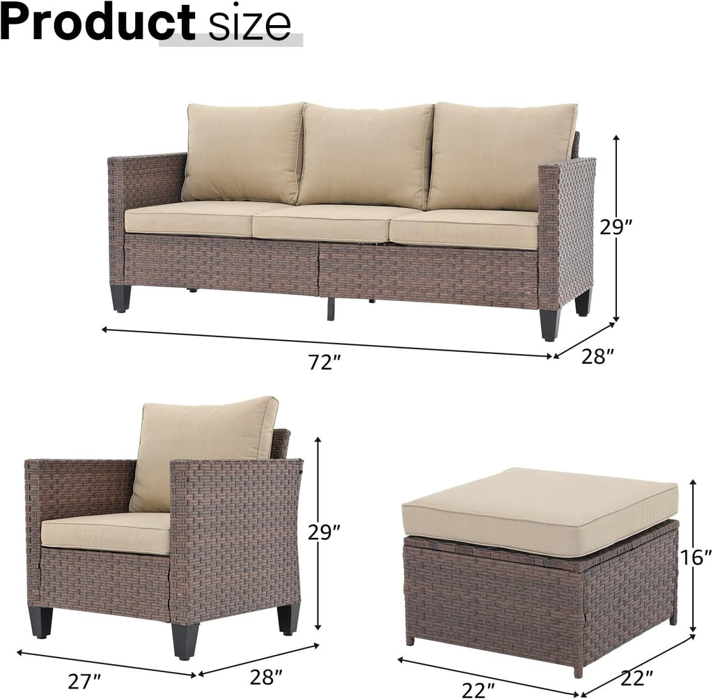 SUNSITT Outdoor Patio Furniture Set 5 Piece Wicker Conversation Set with Ottoman 3 Seat Sofa Couch with Club Chair, Brown Wicker & Beige Cushion