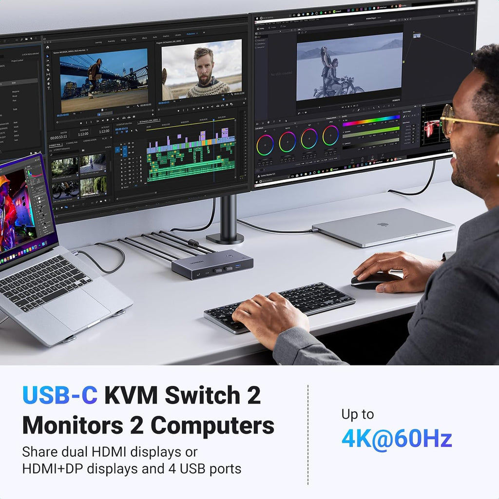 UGREEN USB-C KVM Switch 2 Monitors 2 Laptops with 4 USB 3.0 Ports 4K@60Hz for 2 Laptops Share Dual Monitors Keyboard Mouse Hard Drive Printer with PD100W Power Adapter, 2 USB Cables, Controller