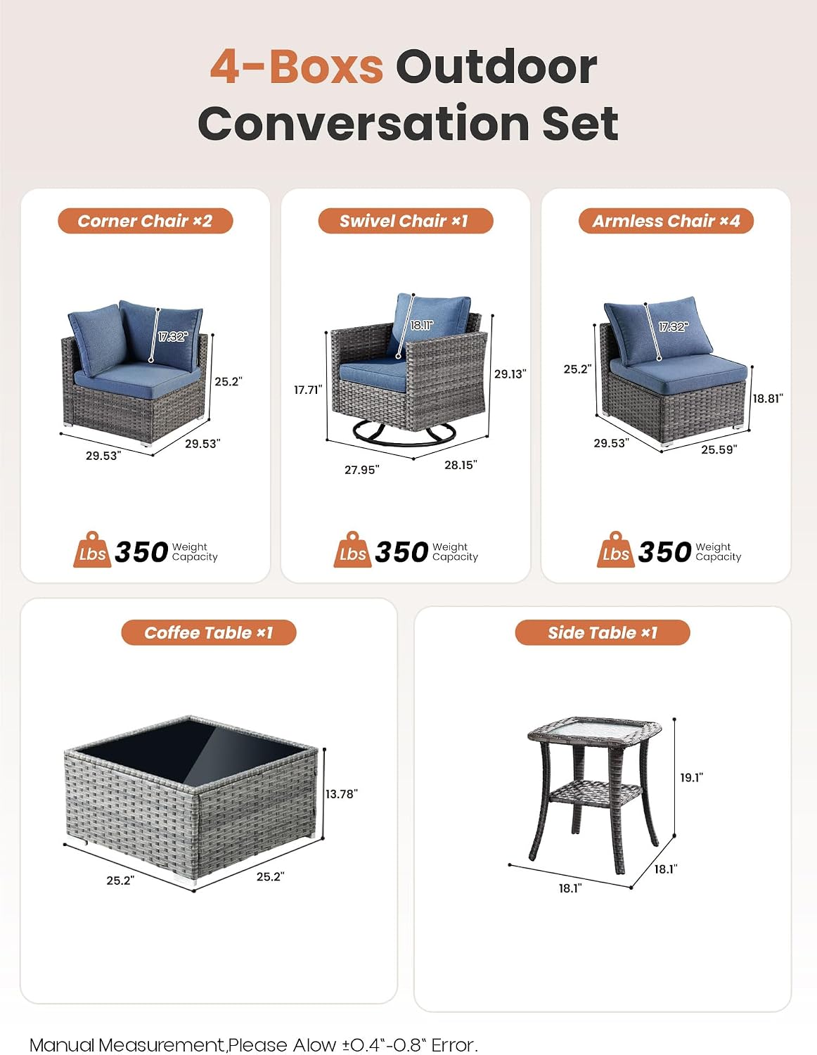 ovios Outdoor 9 Piece Coversation Set with Swivel Rocking Chair,Sectional Patio Furniture Set with All-Weather Wicker Sofa,Modern Outside Couch for Balcony Backyard Pool, Blue