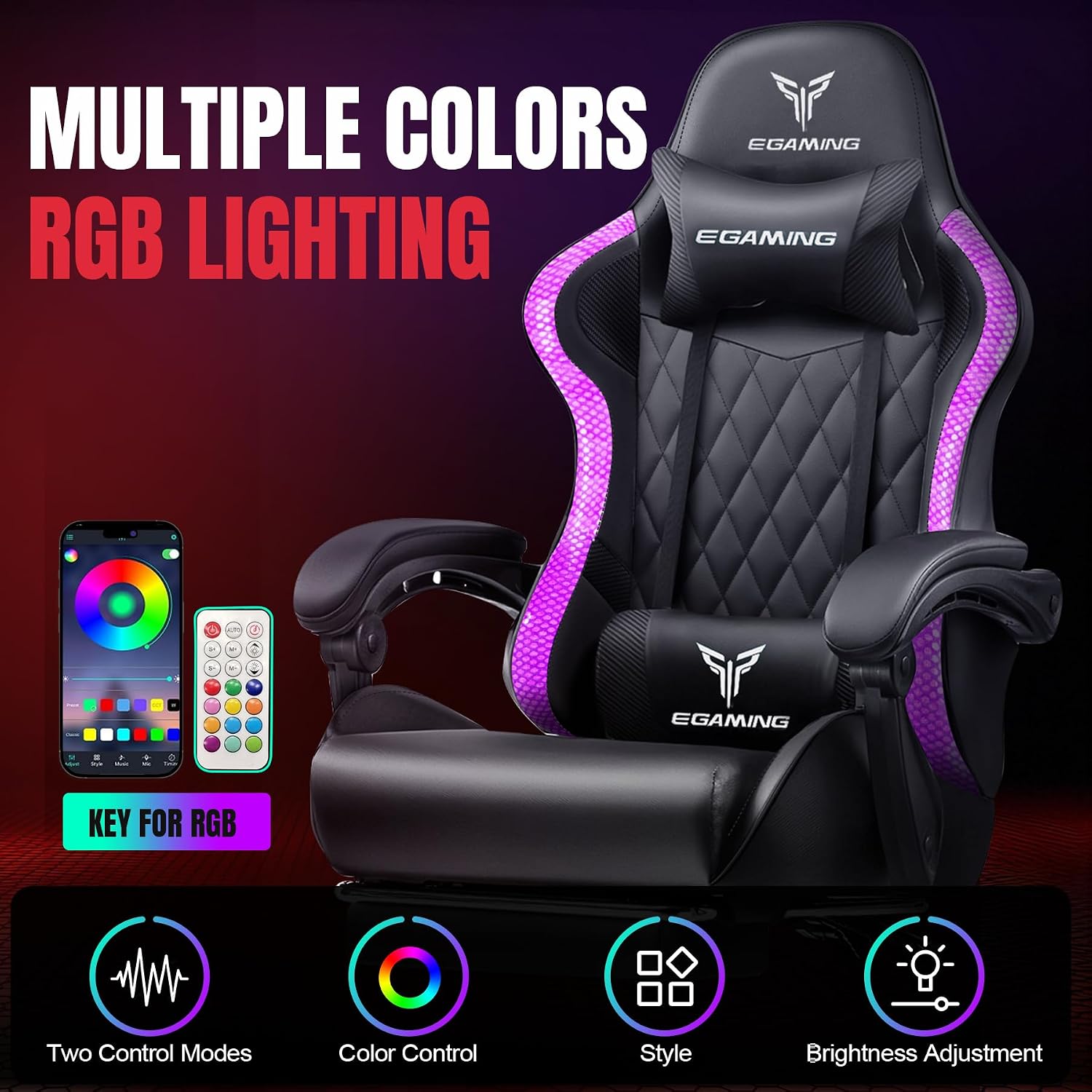 EXRACING Gaming Chair with Footrest Ergonomic High-Back PU Leather Computer Chair with RGB LED Lights Linkage Armrests Lumbar Support and Headrest 150°Reclining Diamond Quilted Office Chair for Adults