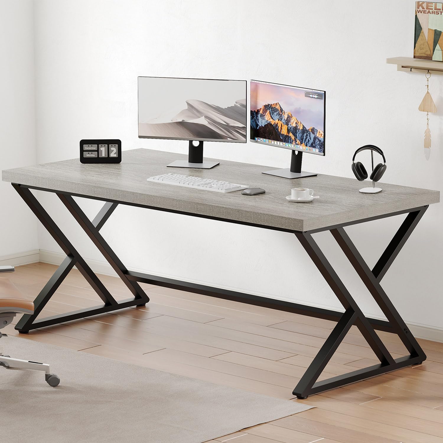 LVB Large Home Office Desk, Long Industrial Computer Desk, Metal Wood Writing Study Computer Table for Student, Big Modern Executive Simple Gaming Work Desk for Bedroom, Light Grey, 60 Inch