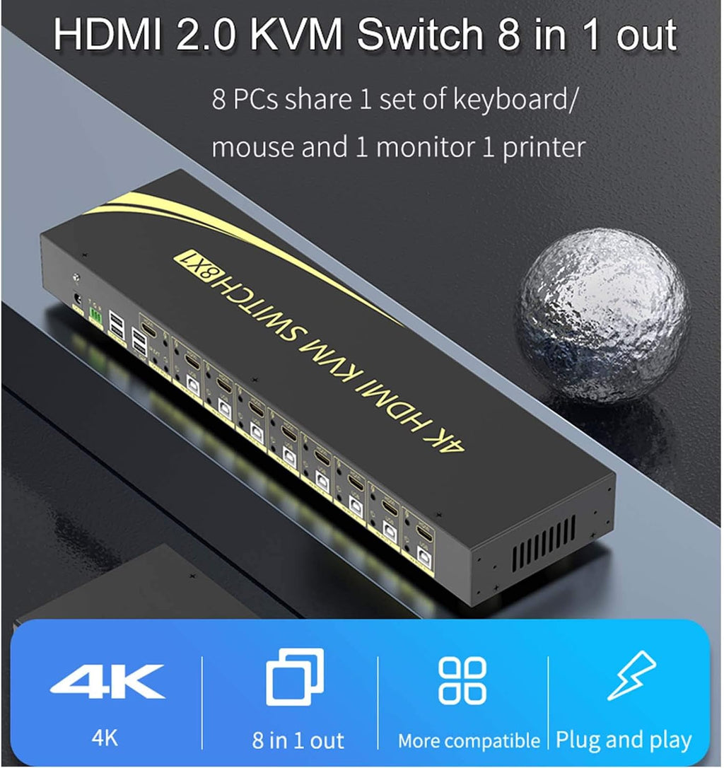 eKL KVM Switch, 8 Port v2.0 HDMI KVM Switch Supports Hotkeys Swapping 4K@60Hz 4:4:4 1080p 3D, 8 in 1 Out 8 PCs Sharing with One Set of Keyboard and Mouse