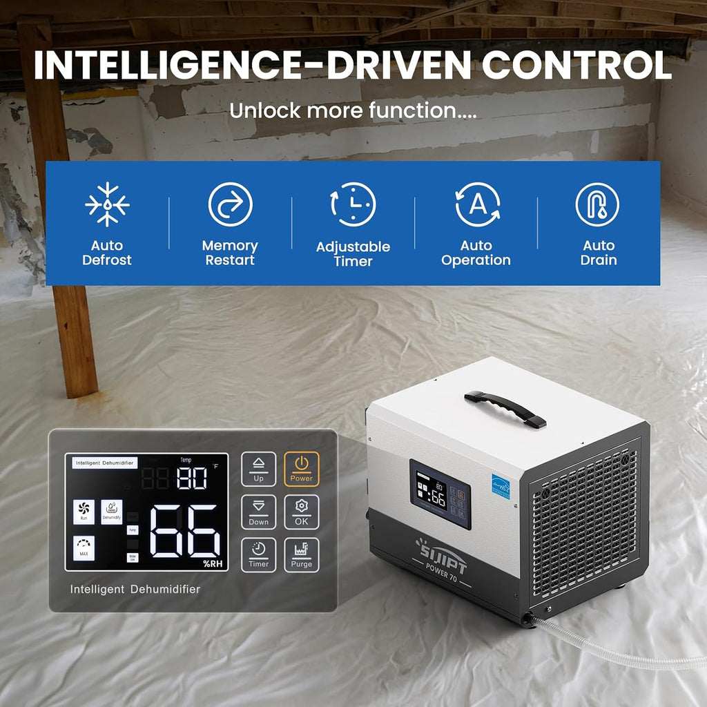 Crawl Space Dehumidifier with Pump, 70 Pints Energy Star Commercial Dehumidifiers for Basement and Home, Compact Dehumidifier for Spaces up to 1000 Sq Ft with Auto Defrost, Memory Starting