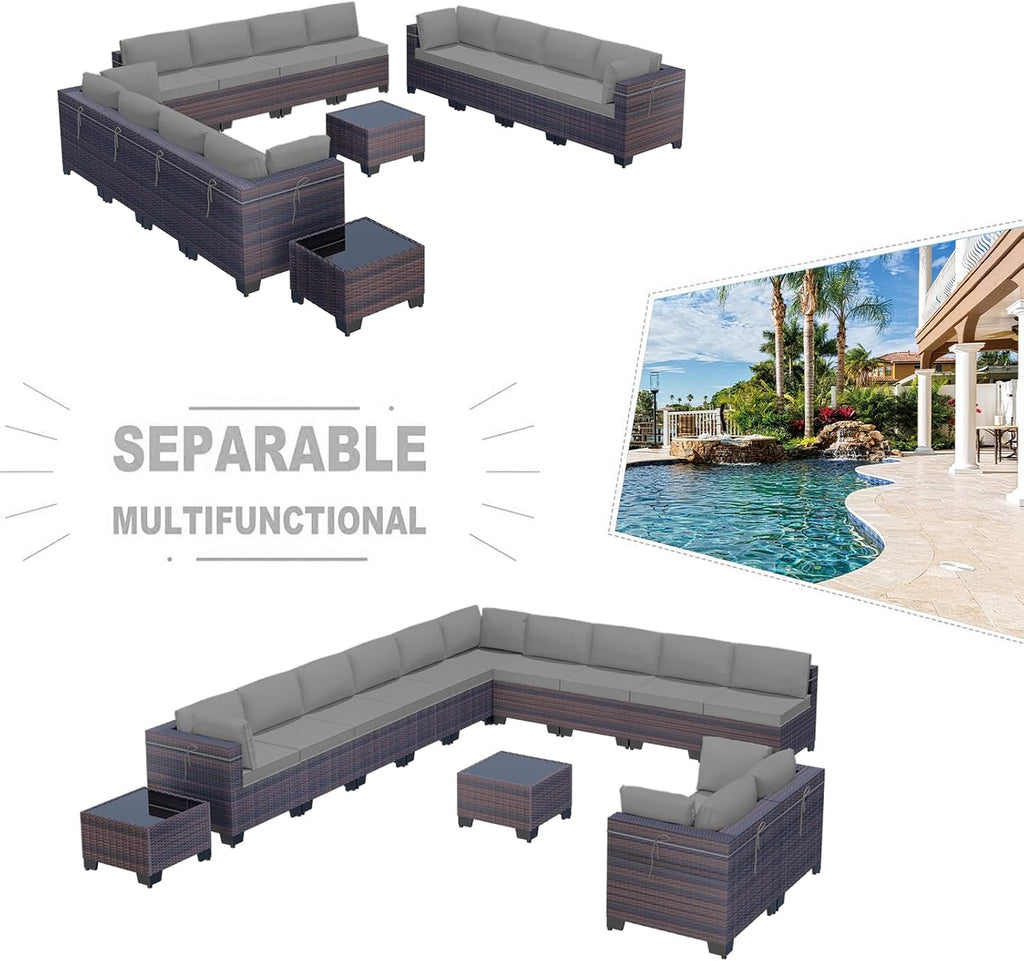 Kullavik 14 Pieces Outdoor Patio Furniture Set,Sectional Rattan Sofa Set Brown PE Rattan Wicker Patio Conversation Set with Tempered Glass Coffee Tables and Washable Cushions Covers,Grey