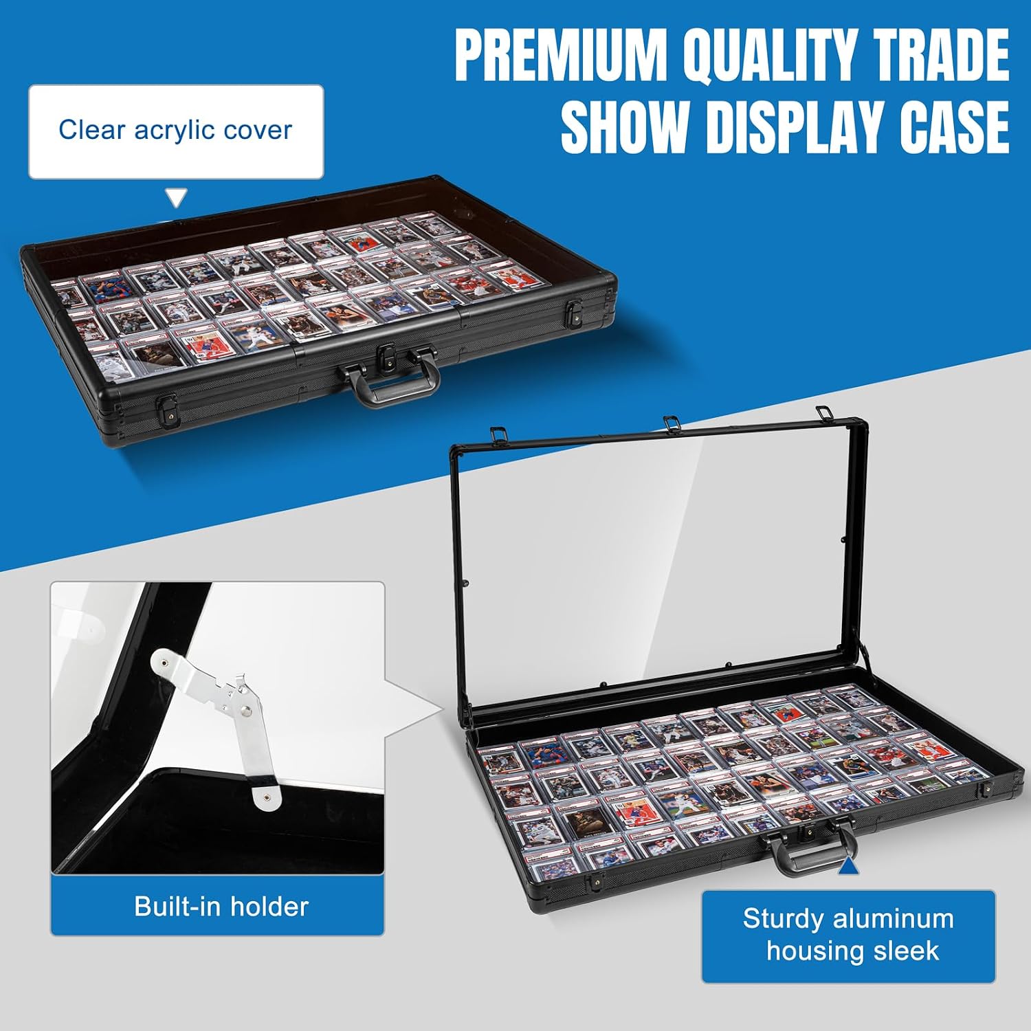Large Black Cards Trade Show Display Case, Portable Aluminum Trading and Graded Card Display Frame with Locks, Table Top Aluminum Holder with Clear Acrylic Showcase for Jewelry Craft Collector Shows