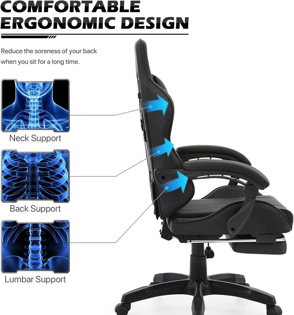 MoNiBloom Computer Gaming Chair with Footrest and Lumbar Support, Adjustable Hight Ergonomic Racing Chair for Adult Teen Office or Gaming, Carbon Fiber Leather High Back Video Game Chair, Black