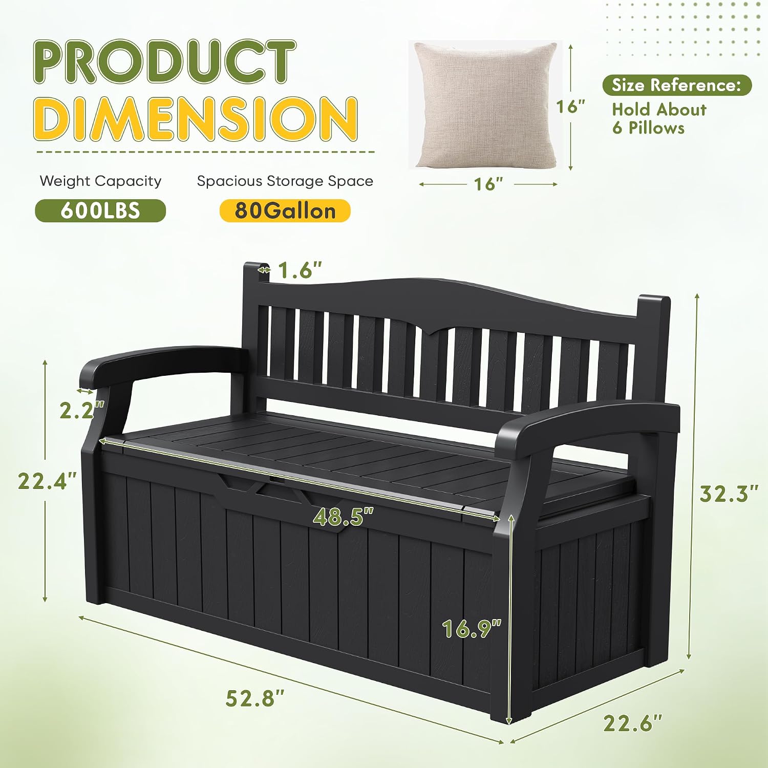 Greesum 80 Gallon Deck Box Storage Bench, Patio Furniture, Lockable, Waterproof and UV Resistant,with Armrest, Suitable for Garden, Porch, Poolside, Dark Black