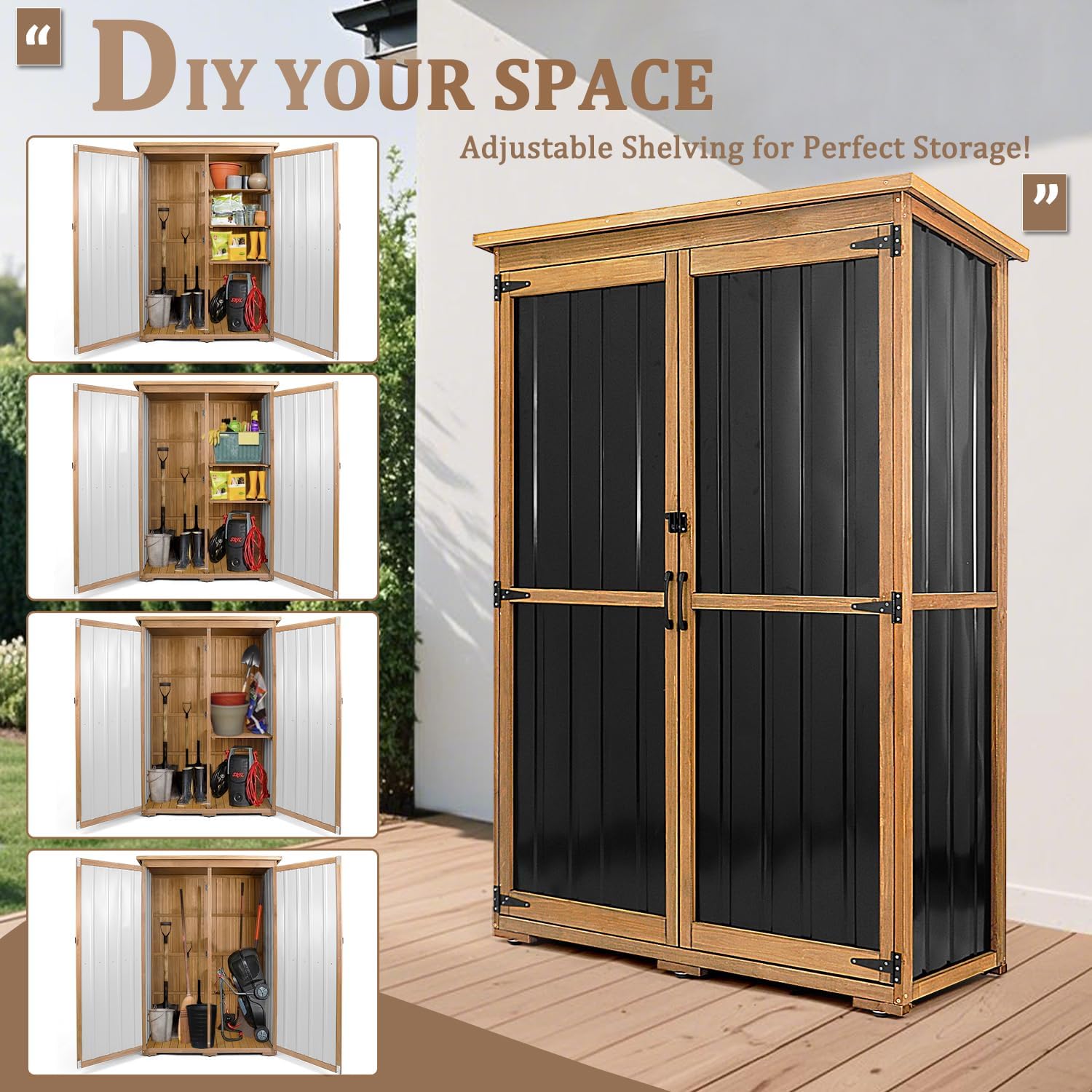 PetsCosset 46' L Large Outdoor Storage Cabinet with Shelves, Wood & Metal Storage Shed Weather-Resistant, Outside Storage Cabinet for Garage Patio Backyard Garden with Waterproof Roof