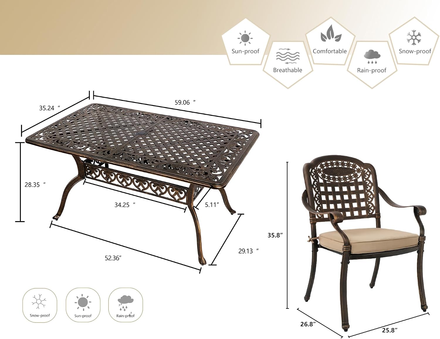 Grepatio 7 Piece Patio Dining Set Outdoor Dining Table Set Cast Aluminum Furniture Set with 6 Dining Armchairs and Dining Table, 6 Cushions Included for Backyard Garden Deck Poolside