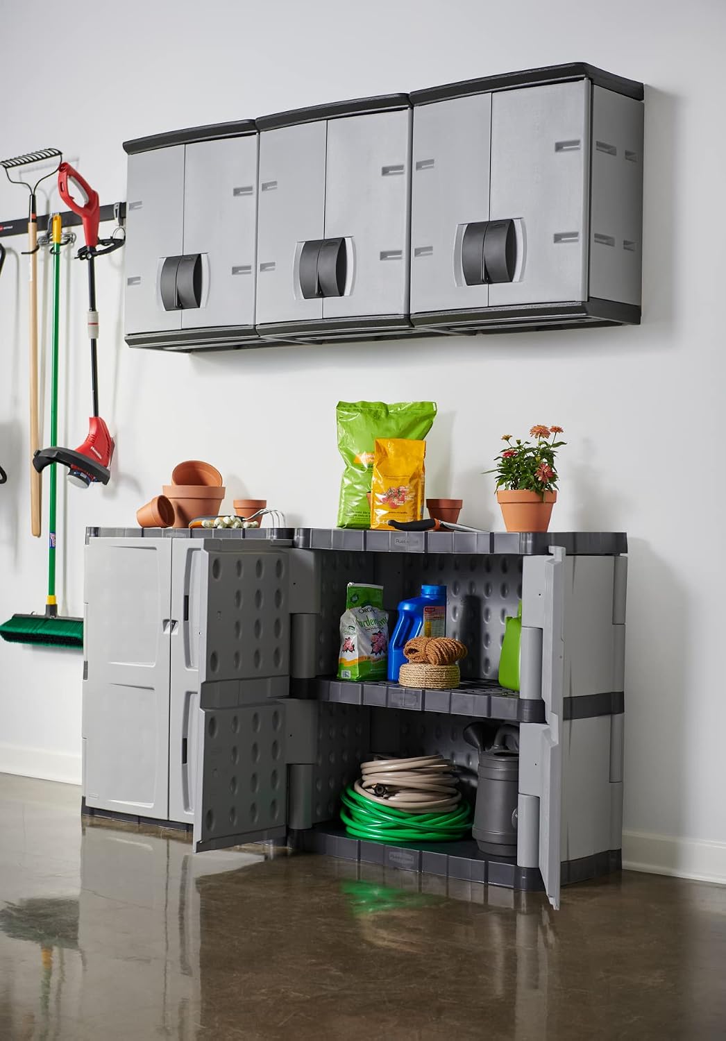 Rubbermaid Freestanding Storage Cabinet with Doors 18'D x 36'W x 37'H Medium Gray/Black Two-Shelf Lockable Cabinet for Indoor/Outdoor/Garage Storage for Garden Tools/Lawn Care Accessories