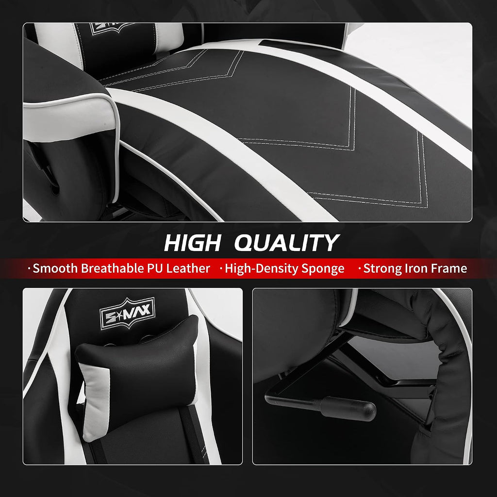 S*MAX Gaming Recliner Chair for Adults Higher Back Wider Lumbar Support Swivel PU Leather with Adjustable Backrest and Footrest Larger Cup Holder Side Pouch Black White X Large