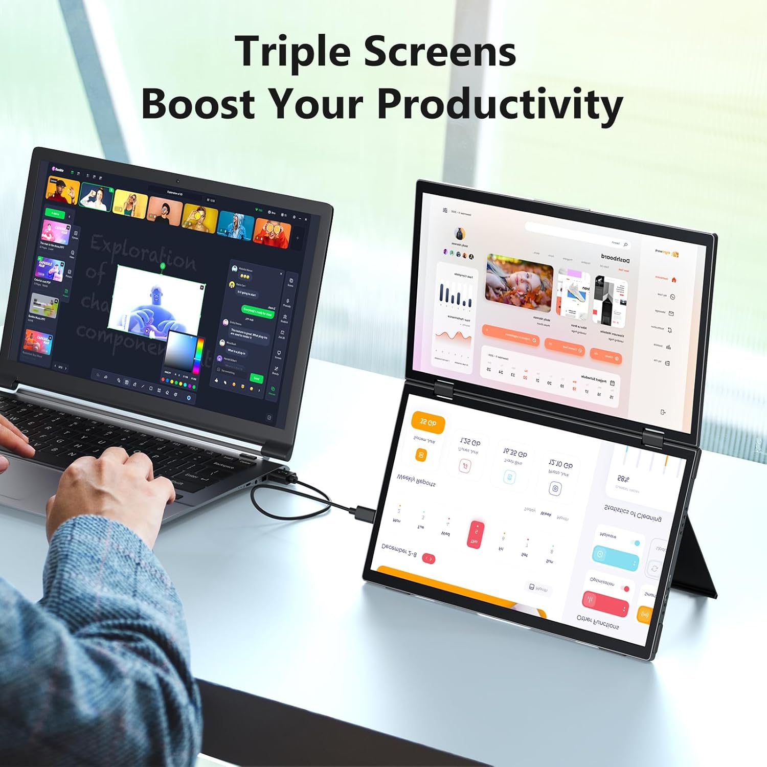 MAGICRAVEN Portable Dual Monitor for Laptop, Foldable Laptop Screen Extender, Plug & Play No Driver, 1080P FHD IPS Triple Screen for Travel & Office, Compatible with Mac, Windows - 15.6'
