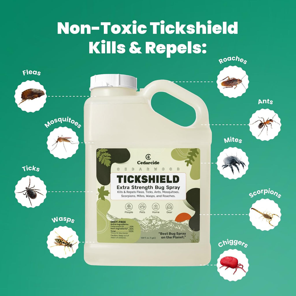 Cedarcide Extra Strength Tickshield | Deep Woods Cedar Oil Tick & Mosquito Repellent Spray for People, Pets, & Indoors | Kills & Repels Fleas, Ticks, Ants, Mites & Mosquitoes | Gallon