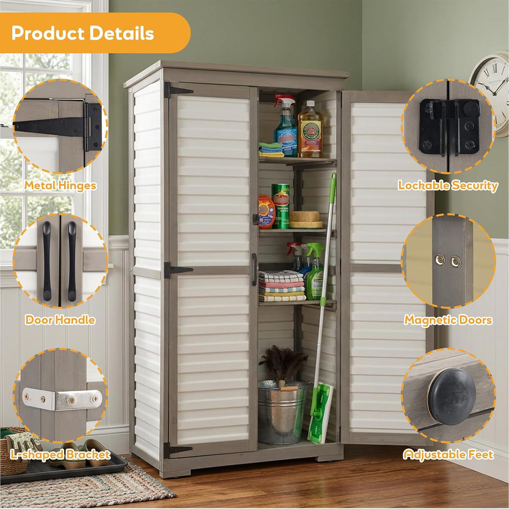 Outdoor Storage Cabinet with Shelves, Lockable Garden Shed, Wood & Plastic Weatherproof Outside Tool Cabinet for Patio, Backyard, Balcony White