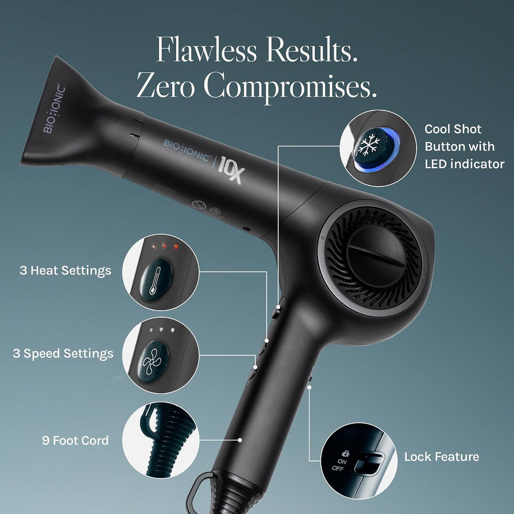 Bio Ionic 10X Ultralight Speed Hair Dryer, Blow Dryer with Adjustable Heat & Speed, Memory Function, Professional Hair Styling Tool for Fast, Frizz-Free Hairstyles