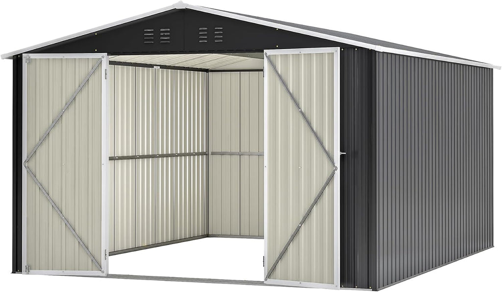 Ball & Cast 10×12 FT Outdoor Storage Shed,Metal Waterproof Tool Sheds with Lock and Key,Heavy-Duty Sheds Unit W/Doors and Vents,Galvanized Steel Garden House for Storing Bicycles,Barbeques,Black