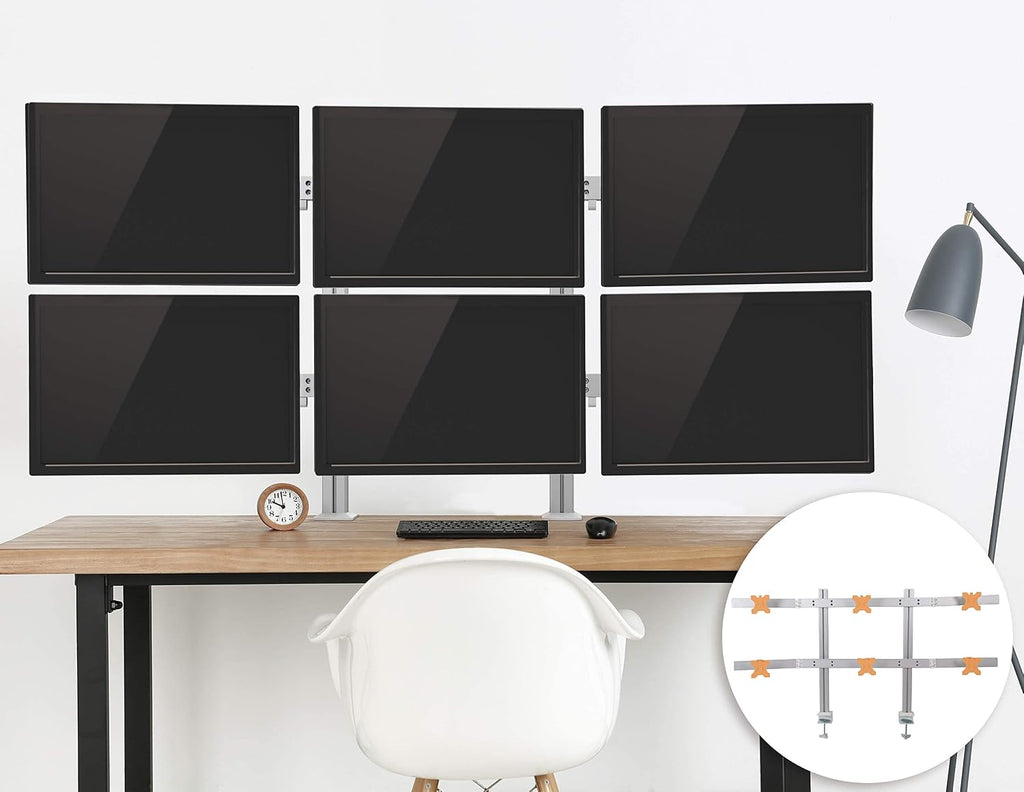 Stand Steady 6 Monitor Mount Desk Setup - Heavy-Duty Height Adjustable Monitor Stand, Swivel Arm with Clamp-On Base, 6 Screen VESA Mount Fits Most LCD/LED Monitors 17-32 in. (Silver, 6 Mounts)