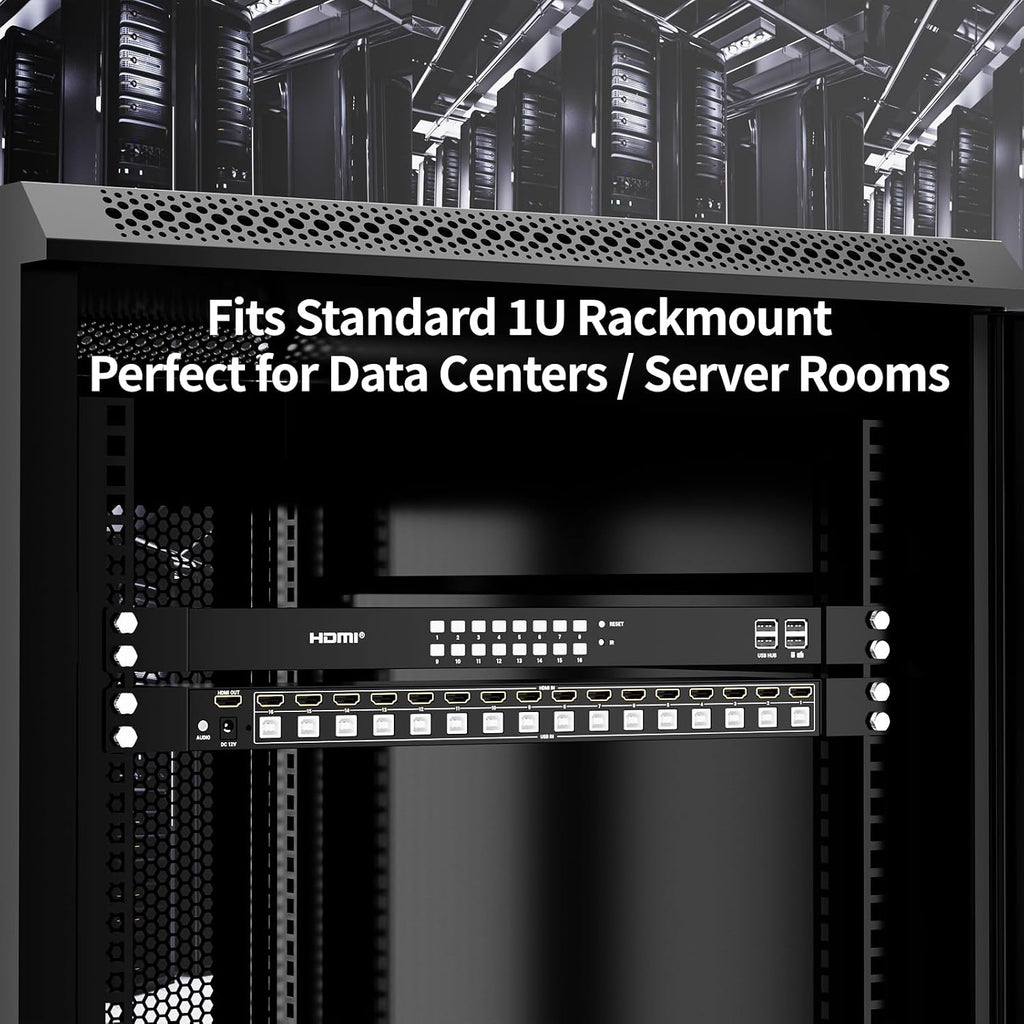 16 Port HDMI KVM Switch 4K@60Hz, 1U Rack Mount Console, USB HDMI Switch to Share 1 Monitor for 16 PCs, Includes 16 HDMI Cables, IR Remote, 4 USB 2.0 Port