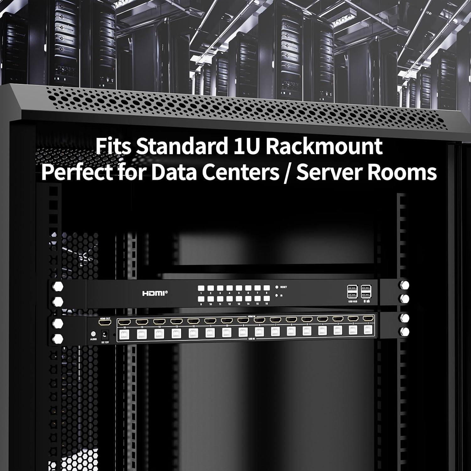 16 Port HDMI KVM Switch 4K@60Hz, 1U Rack Mount Console, USB HDMI Switch to Share 1 Monitor for 16 PCs, Includes 16 HDMI Cables, IR Remote, 4 USB 2.0 Port