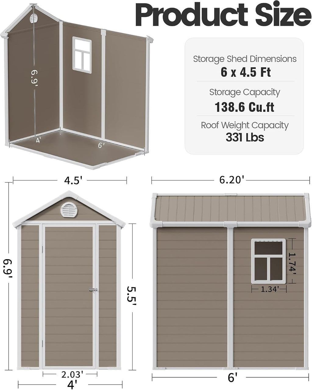 6x4.5 FT Plastic Sheds & Outdoor Storage, UV Resistant Storage Sheds Outdoor with Floor and Window, All-Weather Garden Resin Tool Shed for Lawn Mower, Yard Tools, Bike, Warm Gray
