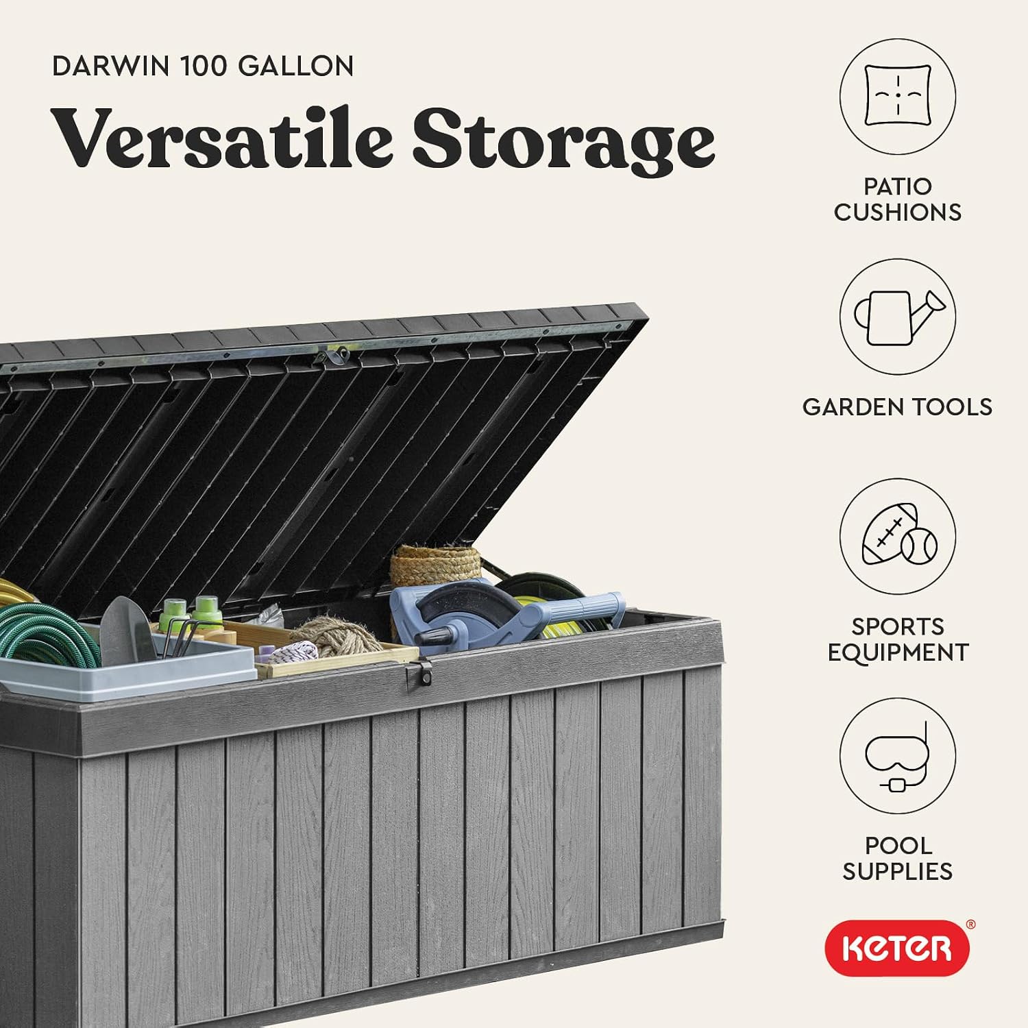 Keter Darwin 100 Gallon Resin Large Deck Box - Organization and Storage for Patio Furniture, Outdoor Cushions, Garden Tools and Pool Toys, Grey & Black