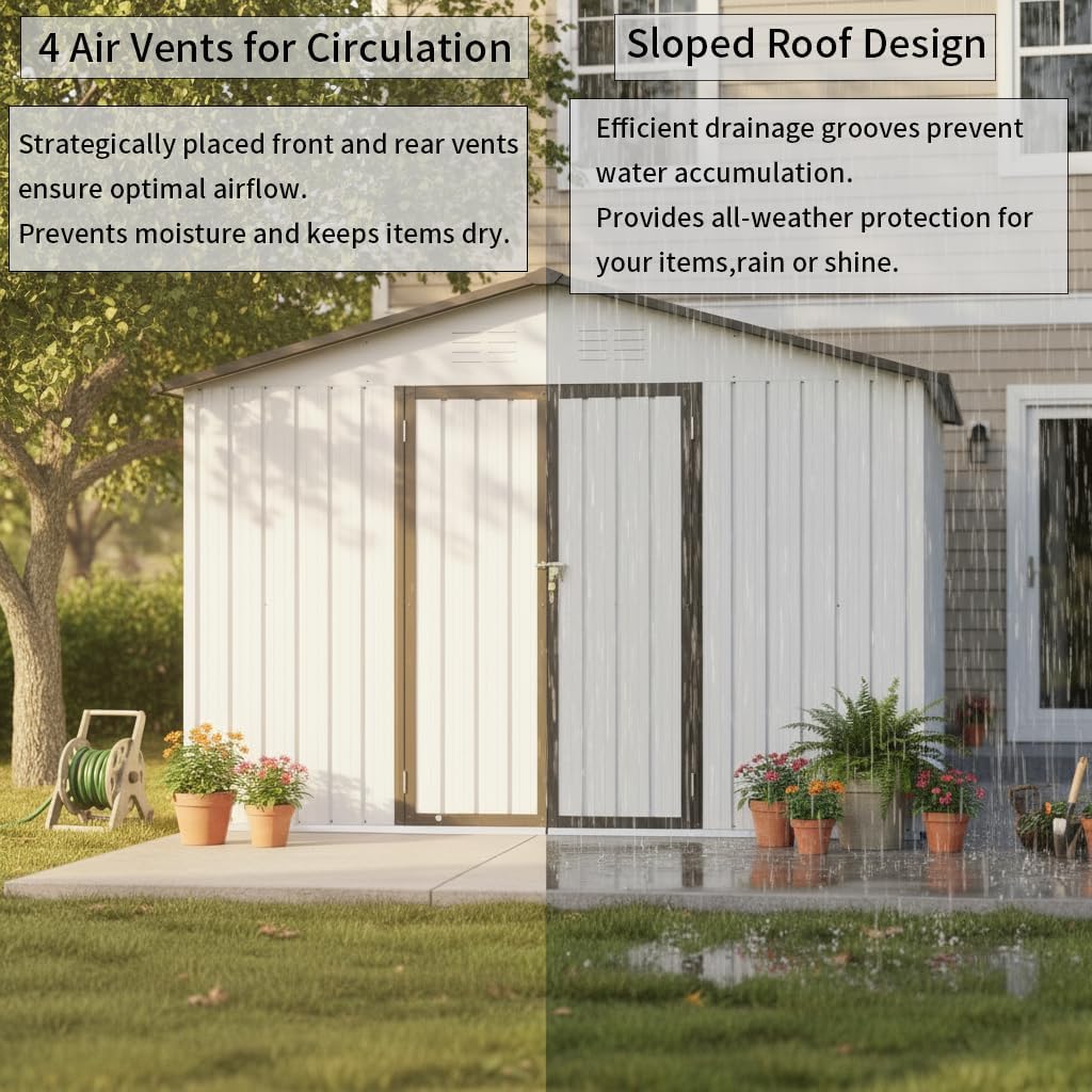10x12 FT Sheds & Outdoor Storage,Metal Aluminum Garden Shed,with Punched Vents,Waterproof Cabinet w/Hinged Door and Padlock,Tool House for Storing Bicycles,Lawnmowers,Barbeques,White+Grey