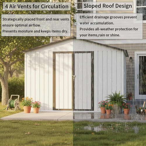 10x12 FT Sheds & Outdoor Storage,Metal Aluminum Garden Shed,with Punched Vents,Waterproof Cabinet w/Hinged Door and Padlock,Tool House for Storing Bicycles,Lawnmowers,Barbeques,White+Grey