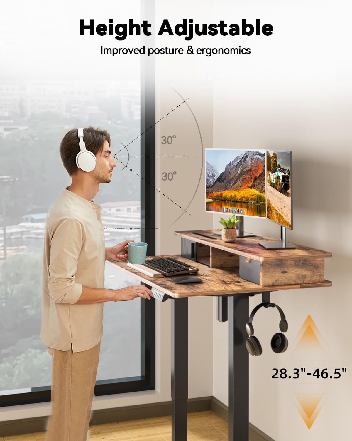 JOY worker Small Electric Standing Desk, 35' x 25' Height Adjustable Desk with Built-in Monitor Stand & Storage Drawer, Sit Stand Desk with 2 Hooks for Home Office, Rustic Brown