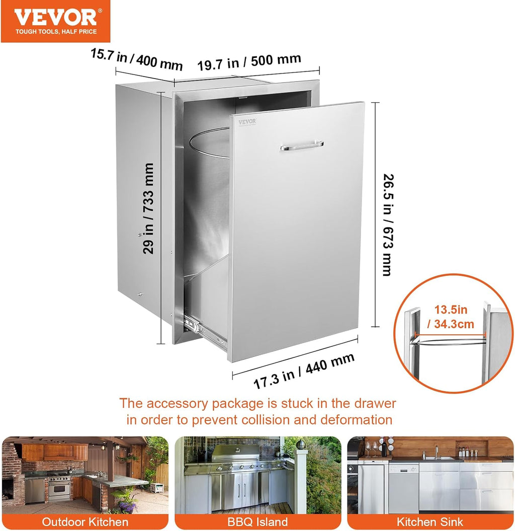 VEVOR Outdoor Kitchen Trash Drawer, 19.7'W x 29'H x 15.7'D Inch, Outdoor Kitchen Drawers Cabinets, Stainless Steel BBQ Island Drawers, Trash Pull Out Drawer, BBQ Trash Bin, Outdoor Grill Drawers