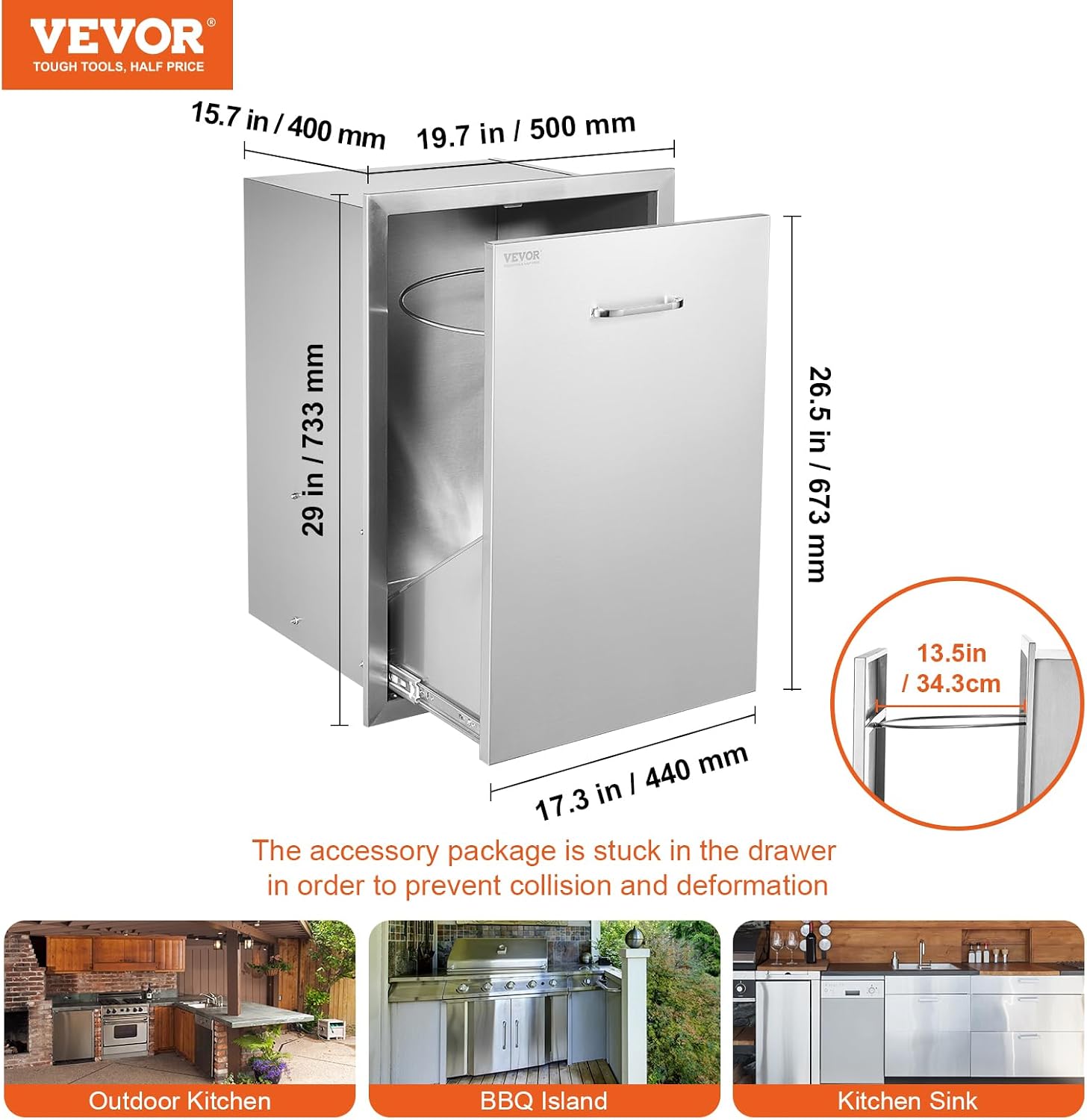 VEVOR Outdoor Kitchen Trash Drawer, 19.7'W x 29'H x 15.7'D Inch, Outdoor Kitchen Drawers Cabinets, Stainless Steel BBQ Island Drawers, Trash Pull Out Drawer, BBQ Trash Bin, Outdoor Grill Drawers