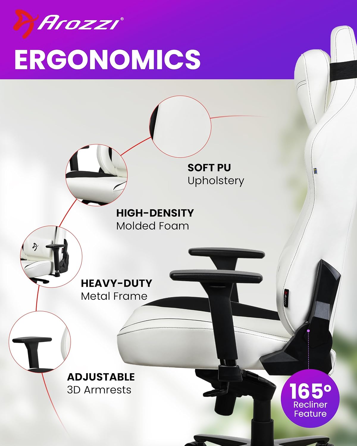 Arozzi Vernazza Gaming Chair XL - Soft PU Gaming Chairs for Adults Adjustable Height, Large Spacious Seat & Backrest with Support Pillows - Swedish Design Home Office Computer Chairs, White