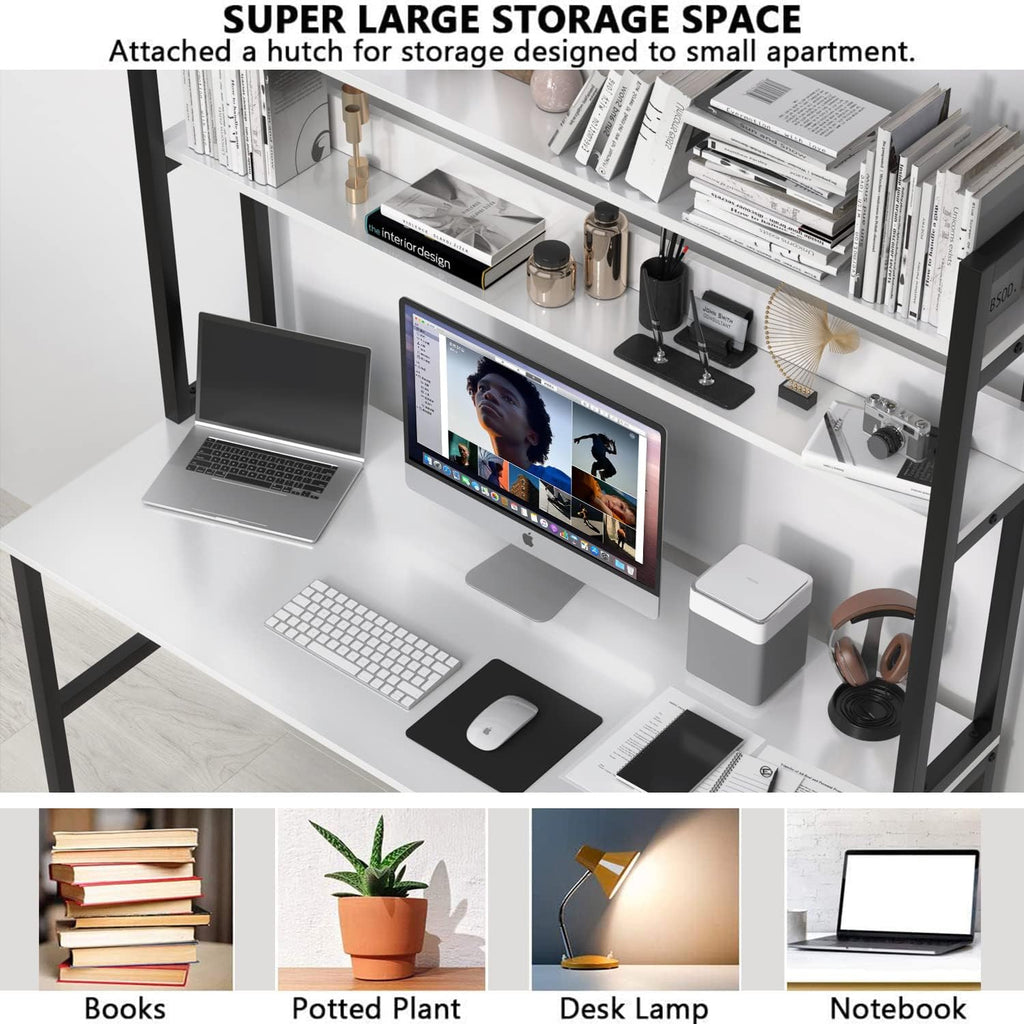 Aquzee Computer Desk with Shelves, 47' W x 23.6' D Gaming Desk with Hutch and Bookshelf, White Study Table for Bedroom Space Saving with 3 Tier Storage Shelf, Home Office Desk for Writing Work