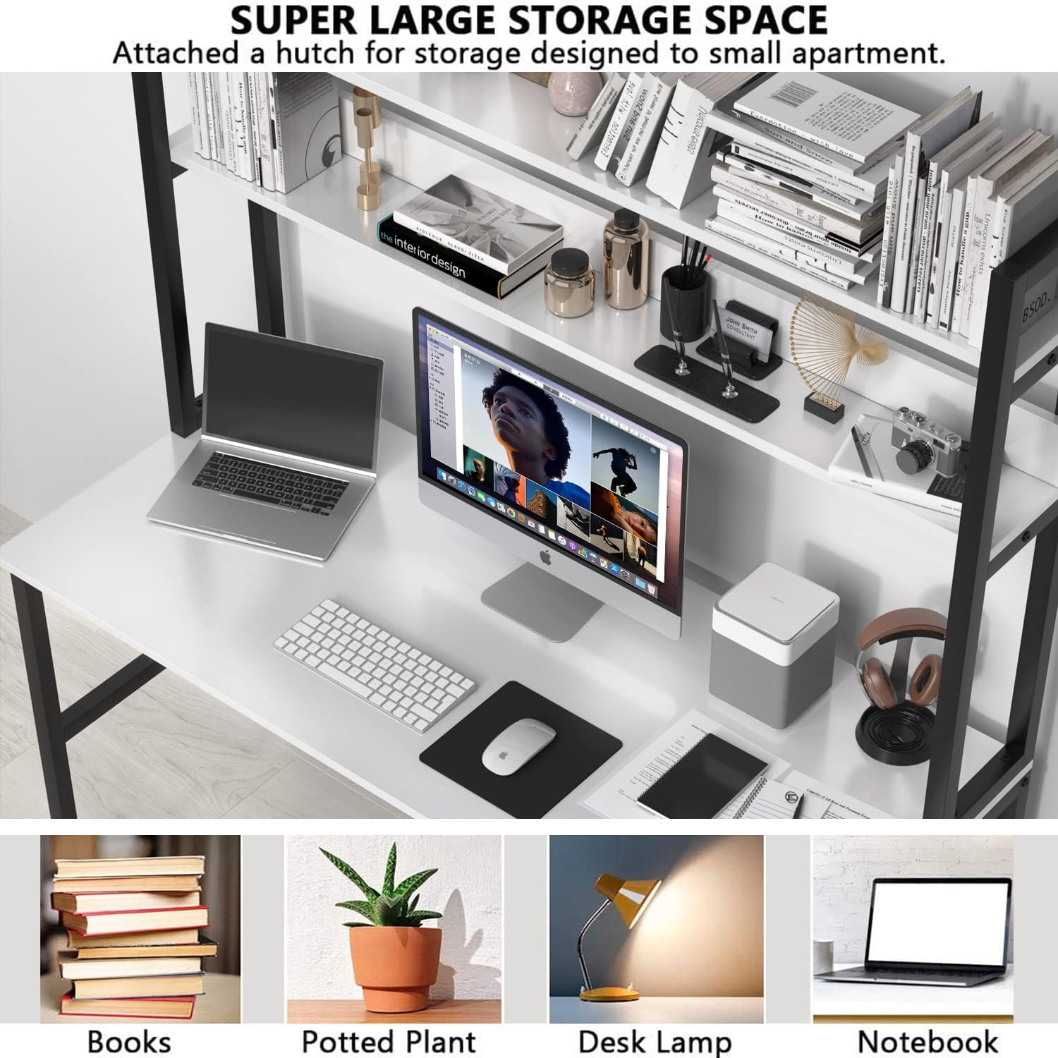 Aquzee Computer Desk with Shelves, 47' W x 23.6' D Gaming Desk with Hutch and Bookshelf, White Study Table for Bedroom Space Saving with 3 Tier Storage Shelf, Home Office Desk for Writing Work
