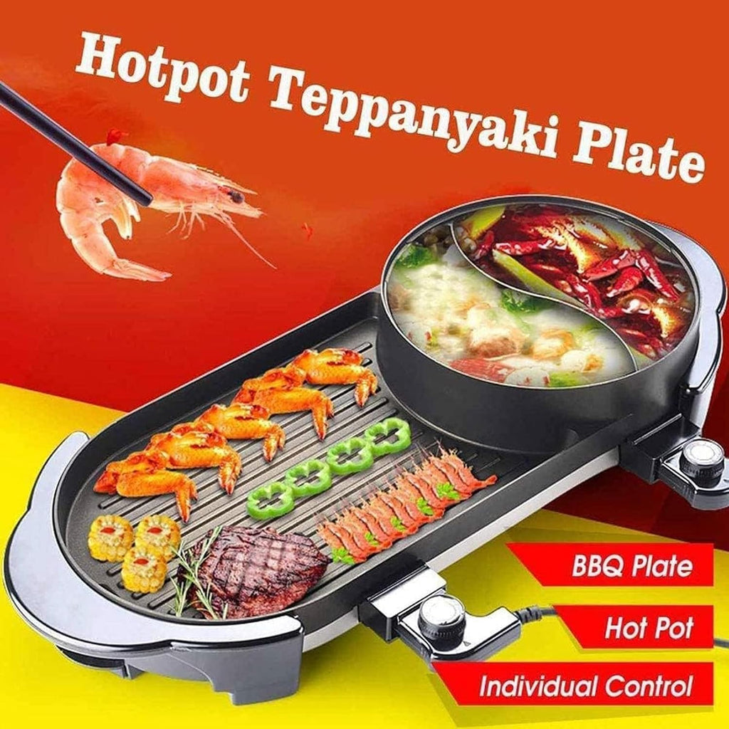 Electric 2 in 1 Grill Indoor Hot Pot Multifunctional Teppanyaki Grill/Shabu Shabu Pot Smokeless with 5 Level Temperature for Family Gathering, Party Indoor/Outdoor