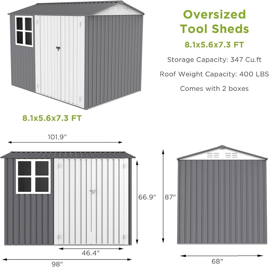 Ball & Cast 6x8 FT Storage Shed, Garden Metal Shed with Window and Sloping Roof,Outdoor Shed with Double Lockable Doors for Backyard Patio Lawn, Grey